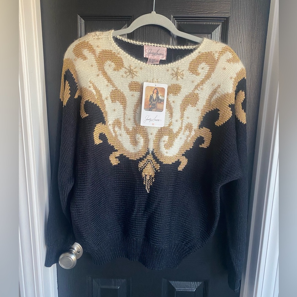 NWT Jocelyn Smith Vintage Beaded Gold Ivory Black Holiday Fancy Sweater Size L